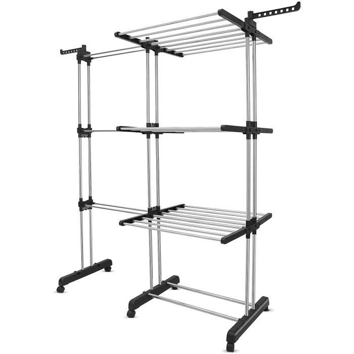 Garrandt Séchoir à Linge Extensible 20m Noir XXL Avec Pinces - Étendoir Ailes Peu Encombrant Intérieur Extérieur Séchoir Intérieur Extérieur