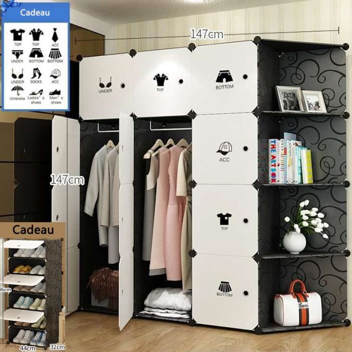 Armoire de Vêtement de Rangement Plastique Garderobe Simple 12 Casiers+Côté Meuble