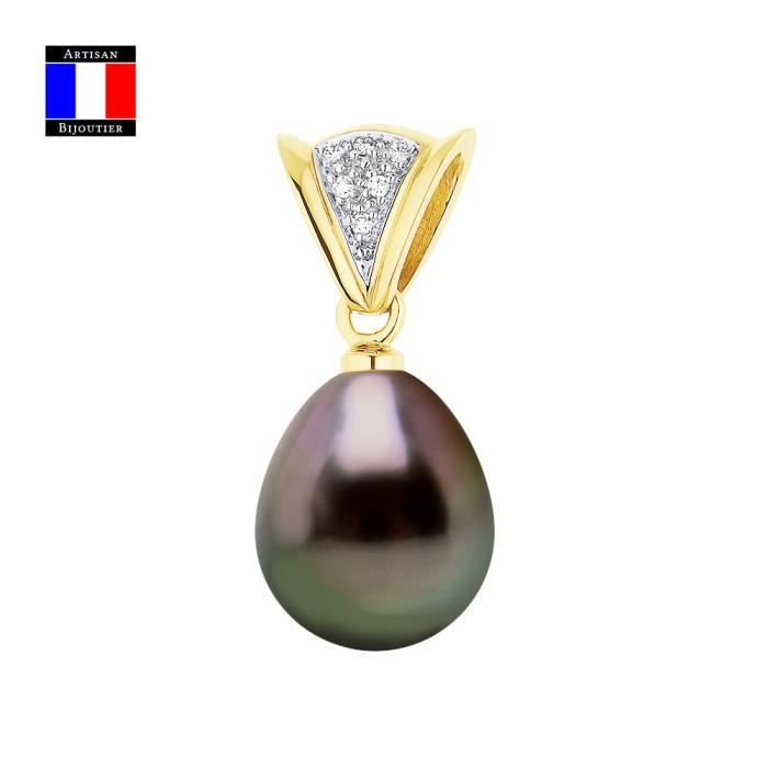 Compagnie Générale des Perles - Pendentif Diamants 0.10 Cts Véritable Perle de Tahiti Poire 9-10 mm Or Jaune 18 Cts - Bijou Femme