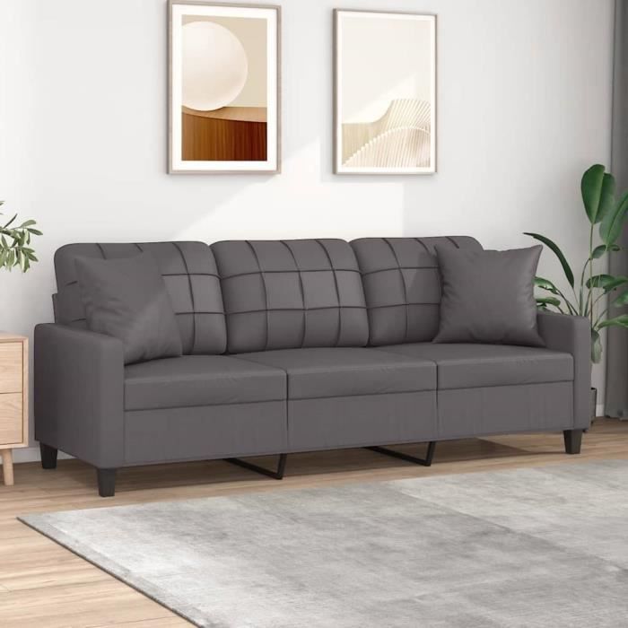 DUO7542324945306Canapé 3 places avec oreillers décoratifs gris 180cm similicuir