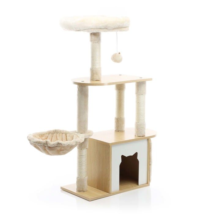 Comparer les prix de Fudajo Arbre à chat Bois Beige 106cm Griffoir Maisonnette Hamac Balle Jeu Ludique Animal domestique