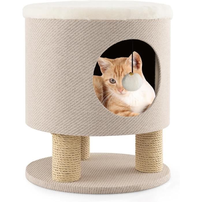 GOPLUS Maison de Chat 3 en 1 avec Griffoirs Balle en Peluche Arbre à Chat Transformable en Tabouret-Pouf Beige