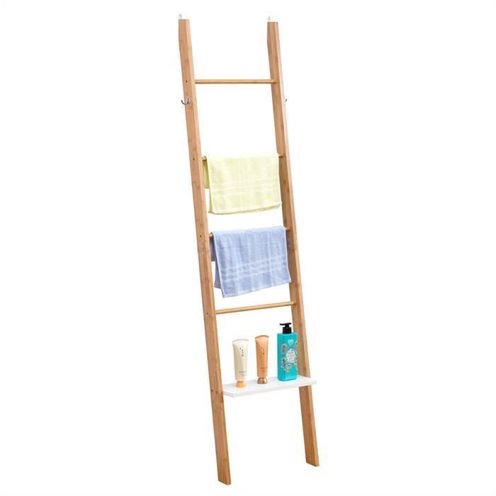 Etagere De Salle De Bain Melbourne Meuble De Rangement En Bambou En Forme D Echelle Avec 4 Barreaux 1 Tablette Blanche Et 2 Crochet Achat Vente Colonne Armoire