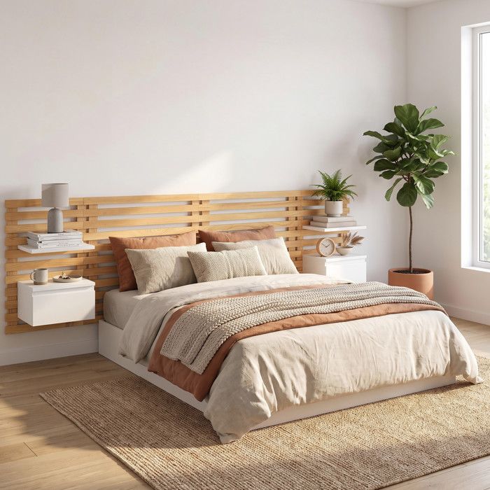 IDMARKET Tête de lit suspendue en lattes AVA 240 cm avec chevets + tiroir façon bois et blanc IDMARKET Tête de lit suspendue en lattes AVA 240 cm avec chevets + tiroir façon bois et blanc
