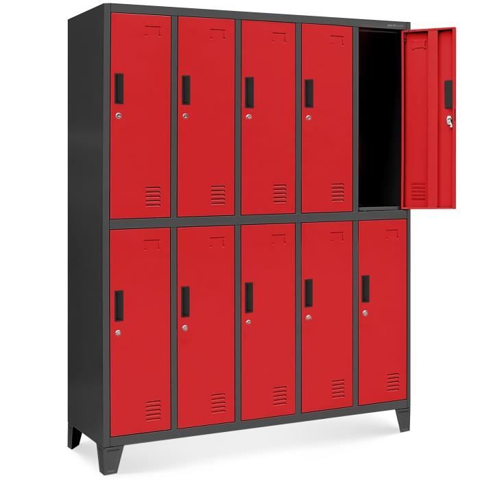casier vestiaire 5b2a armoire metallique 10 compartiments revêtement en poudre 172 cm x 136 cm x 45 cm (anthracite/rouge)