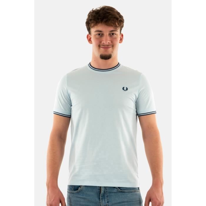 T-shirt Fred Perry Homme Bleu Coton - Taille L - État Correct Avec Petits Défauts