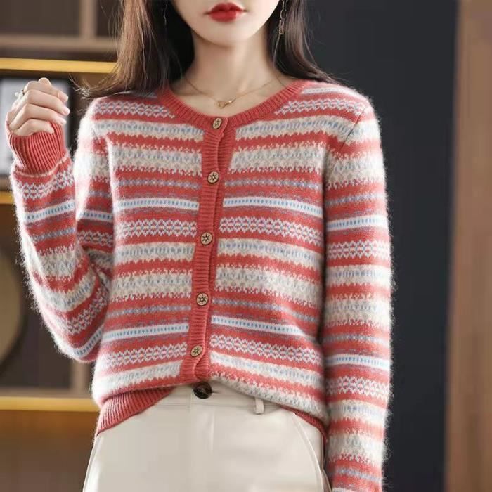 CRAZE Cardigan à col rond rayé automne et hiver à l'extérieur avec pull