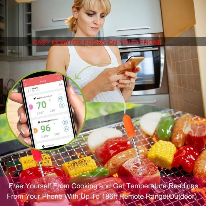 Thermomètre à Viande Bluetooth Intelligent - Sonde Précise IPX7 - App De Surveillance Pour Four Et BBQ