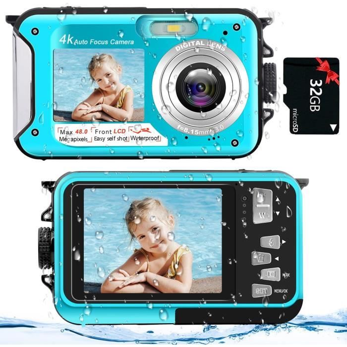 Appareil Photo étanche 4K 64MP - Double écran, Autofocus, 16x Zoom, 16FT Sans Boîtier, Carte 32G Incluse