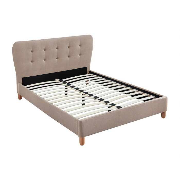 Lit 140 x 190 cm avec tête de lit capitonnée - Tissu - Beige - ELIDE Lit 140 x 190 cm avec tête de lit capitonnée - Tissu - Beige - ELIDE