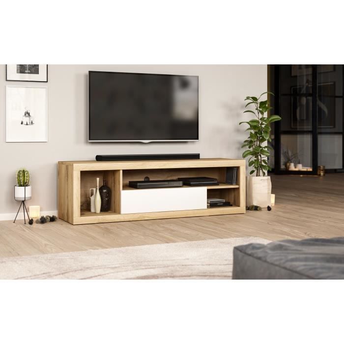 Vivaldi Meuble TV - EVER - 140 cm - blanc mat / Chêne wotan  - style moderne
