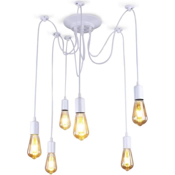 Blanche moderne Lumière daraignée réglable éclairage de plafond industriel Edison lustre E27 (6 bras) Longueur du câble 120 cm