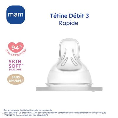 Tétines MAM Débit 3 Rapide - Lot De 2 Pour Bébés 4+ Mois | Silicone Ultra-Doux | Forme Anatomique | Valve Anti-Colique