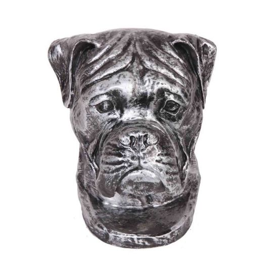 Statue argent tête de chien boxer en résine 35 cm 