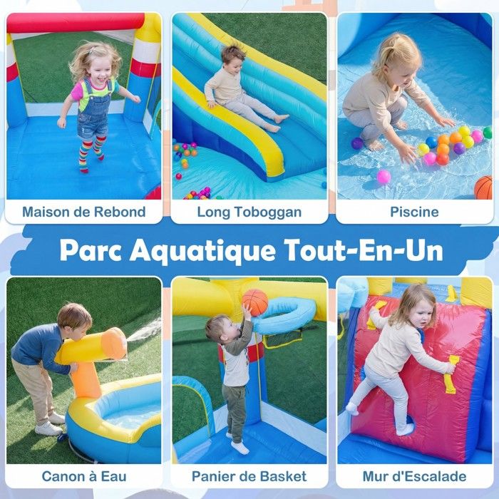 GIANTEX Chateau Gonflable Exterieur pour Sec ou Eau, Parc Aquatique Gonflable avec Toboggan, Aire de Saut, Mur d'escalade, Panier de Basket, Bassin, Filet de Volley et Canon, pour Enfants 3+ Ans