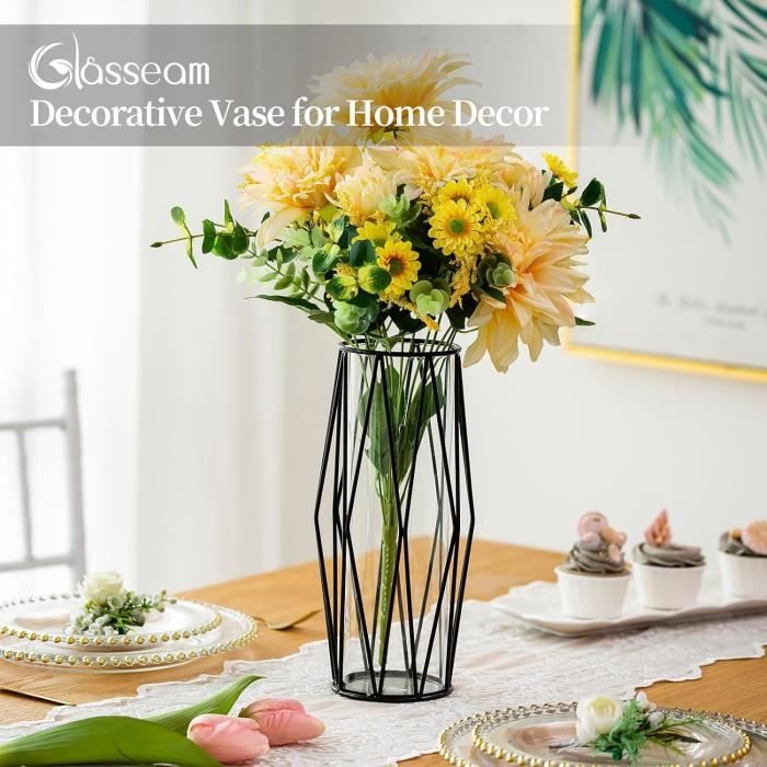 Vase Décoratif Verre Avec Support Métallique Géométrique - Terrarium Et Centre De Table
