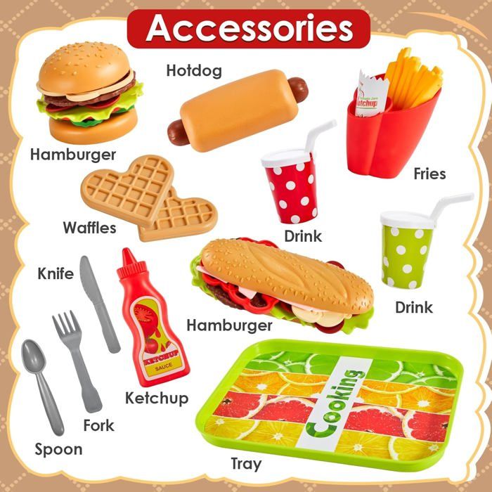 Fegalop Accessoire Cuisine Enfant - Lot De 12 Pièces Nourriture Imaginaire Hamburger Frites Hot Dog - Jeu Dinette Éducatif Cadeau Fille Garçon 3 4 5 Ans