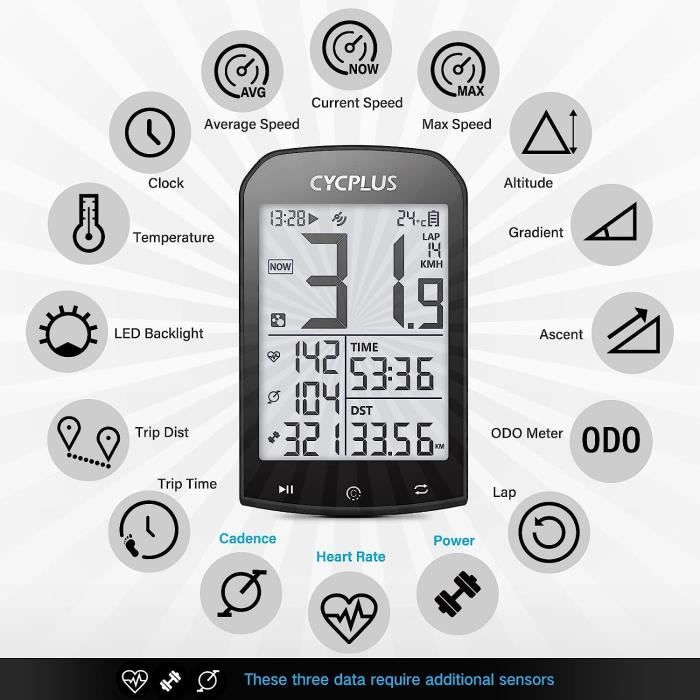 CYCPLUS M1 Compteur Velo GPS,GPS Compteur Vélo sans Fil,Odomètre Velo,Bluetooth  Ant + Dispositif de Vélo,Ordinateur de Vélo sans4 - Cdiscount Sport
