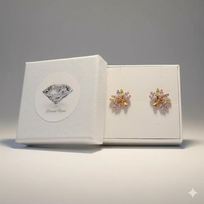 Boucles D'oreilles Puces Arbre De Vie - Zircon Rose - Plaqué Or Jaune 750 - Bijouterie Papillon Bleu - Neuf étiqueté