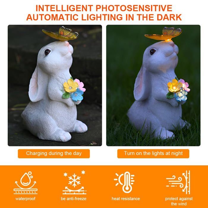 Statue Solaire de Lapin Ornament Outdoor, Figurine d'animal de Jardin avec Lumière Solaire