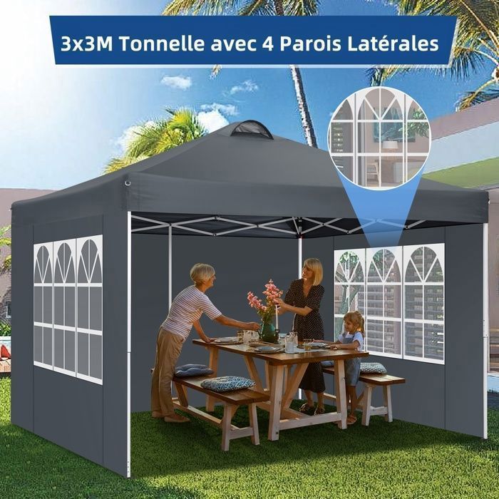 Tonnelle De Jardin Pop-Up 3x3m - Imperméable, Anti-UV - Avec 4 Parois Latérales - Montage Rapide En 1 Minute