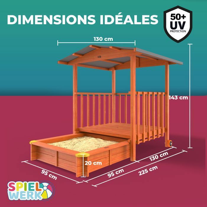 Bac à sable - AIYAPLAY - grand auvent - 4 bancs et doublure de fond - bois - pour 8 enfants - bois - 214,5 x 214,5 x 22,5 cm - jaune - Jeux - Jouets