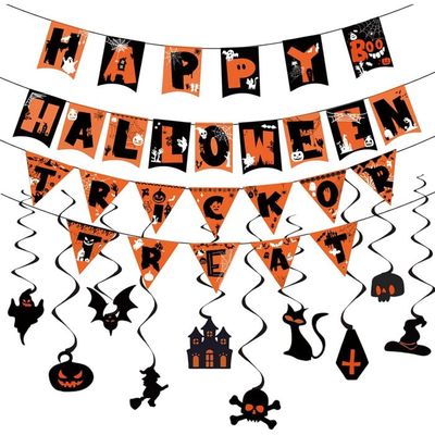 Déco Halloween : Bannière Happy Halloween + Chauves-souris 3D - 14 Fanions Et 12 Figurines