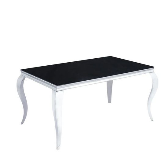 Table 6 à 8 couverts flute chrome plateau en verre effet marbré noir 180 cm