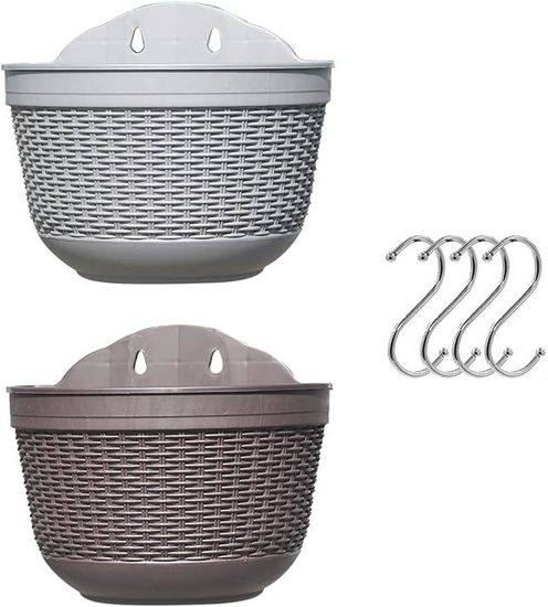 Lot De 2 Pots Suspendus Macramé Avec Socle Bois - Hauteur 93 Cm - Noir - Pour Intérieur, Mur Ou Plafond - Décoration Plantes