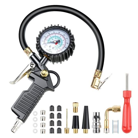 Manomètre Numérique Pression Pneus 220 PSI – Poignée Gonflage Avec 24 Accessoires – Haute Précision Pour Voiture, Moto, Vélo