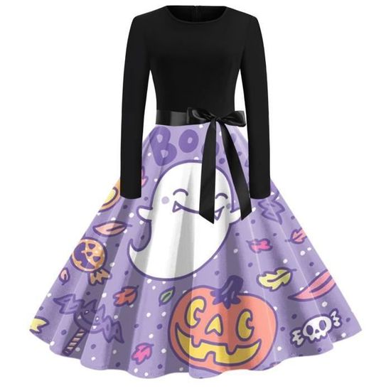 Robe Citrouille Femme Vintage - Imprimé Dentelle, Manches Courtes, Jupe Swing - Pour Fête, Noël, Cocktail, Halloween - 4