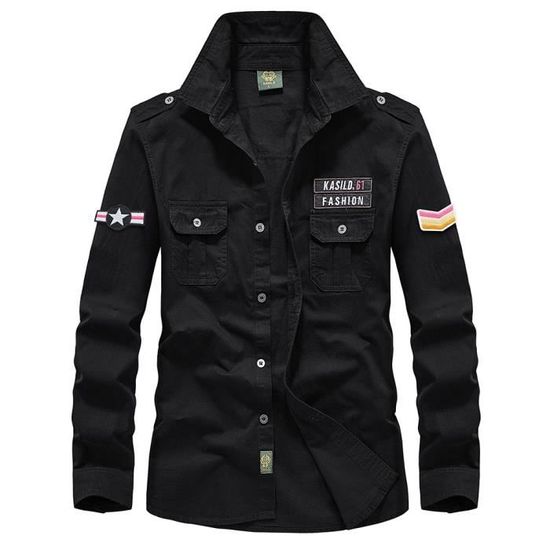 Chemise Homme Militaire en Coton Manches longues Broderie 2 poches