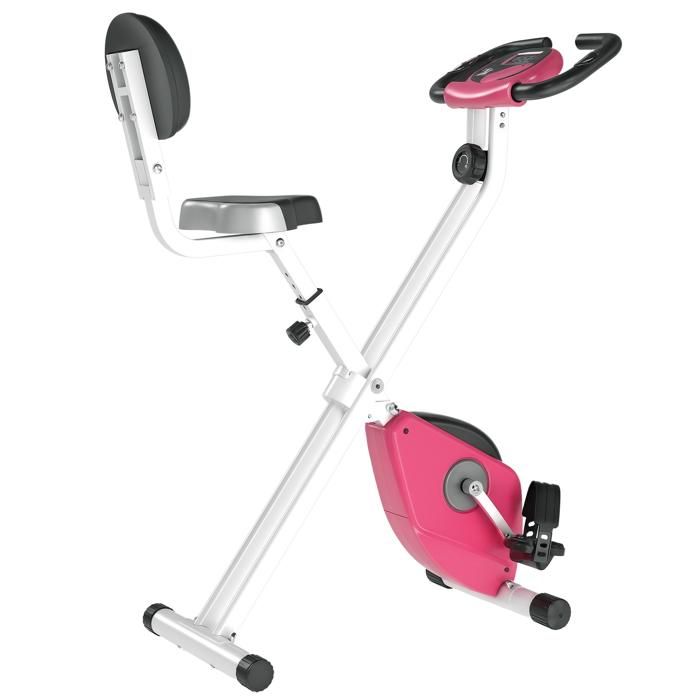 Vélo d'appartement pliable selle réglable dossier écran LCD multifonction capteur fréquence cardiaque acier blanc rose 43x97x109cm