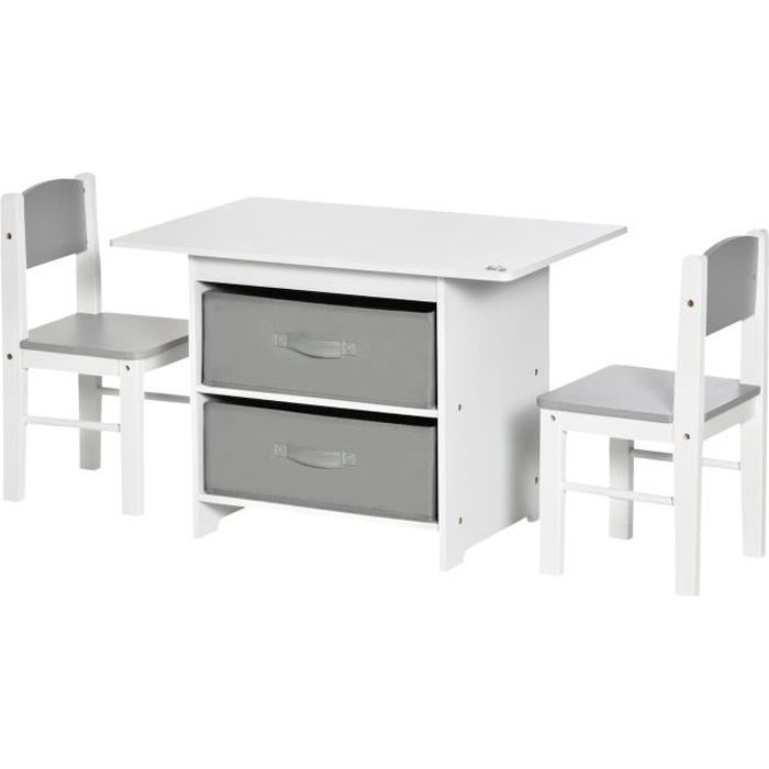 HOMCOM Ensemble table et chaises enfant - set de 3 pièces + 2 tiroirs non tissés - table étagère pour jouets 2 en 1 - MDF blanc gris