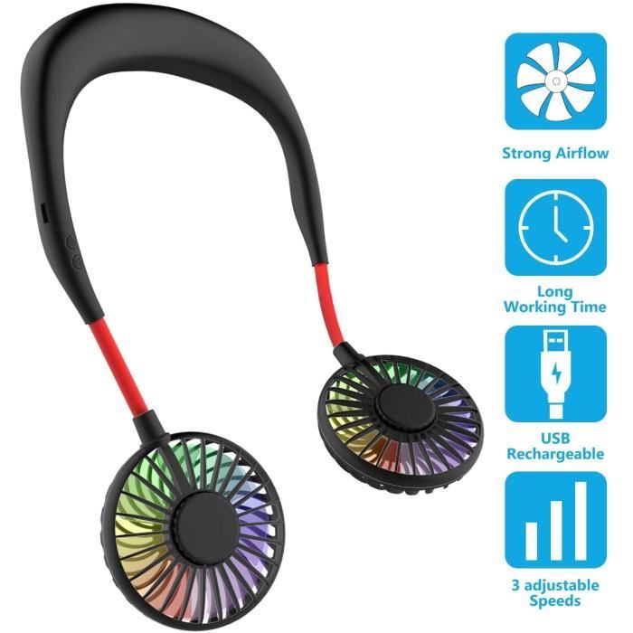 Mini Ventilateur USB Ventilateur Portable Silencieux 3 Vitesses 7 Lumière LED Longue Autonomie pour l'Extérieur Camping Sport Bureau