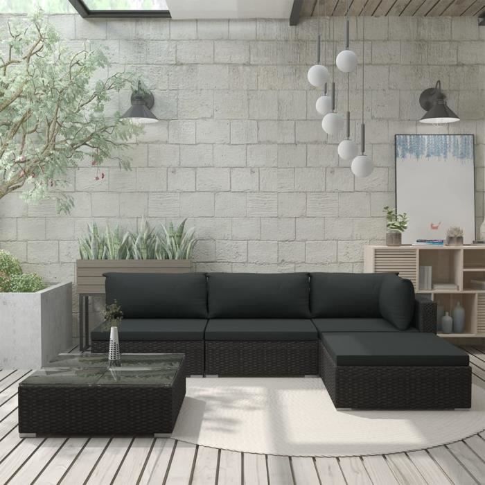 Mobilier de Jardin 5 pcs avec Coussins Salon de Jardin Meuble d'Extérieur Mobilier de Patio Mobilier de Terrasse Résine Tressée Noir