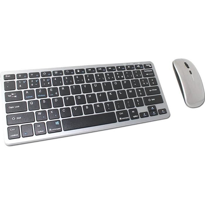 Ovegna K24: Clavier Compact, Souris et Clavier sans Fil Rechargeables par Batterie, AZERTY, 2.4Ghz et 2 Bluetooth, Silencieux,