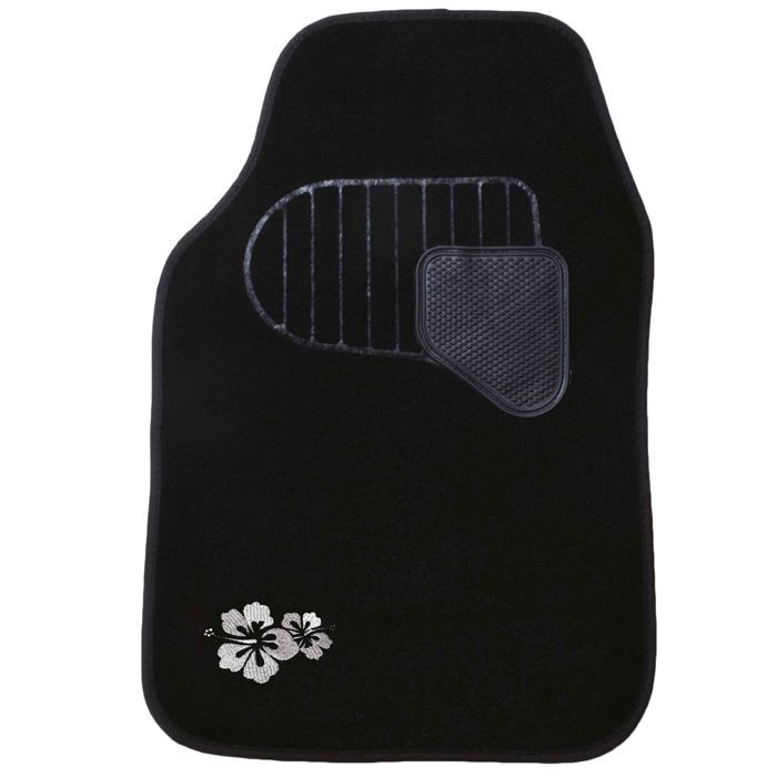 Tapis de Sol Voiture Style Moquette Noir avec Hibiscus Blanc - 1296