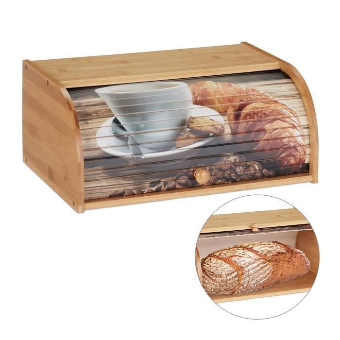 Relaxdays Boîte à pain bambou, conserver pain, couvercle coulissant, caisse miche baguette motifs, 17x40x27cm, nature