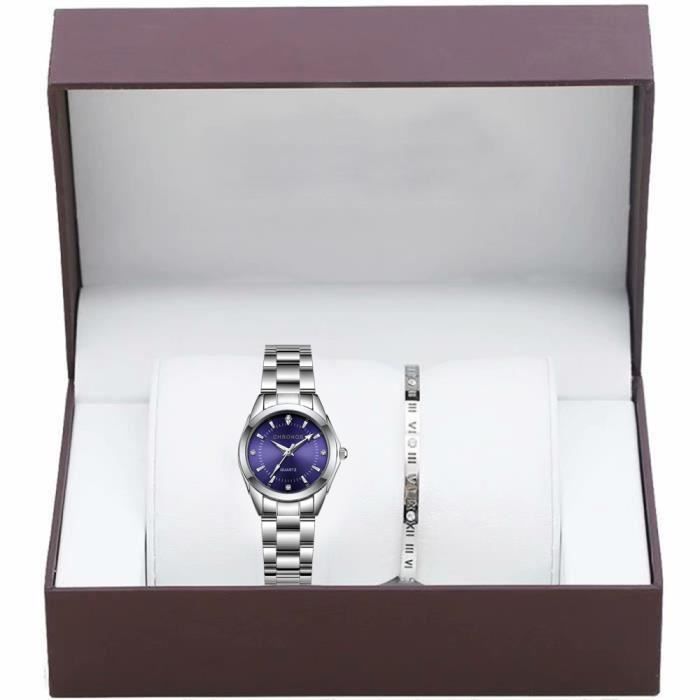Coffret cadeau montre femme , montre à quartz élégante + bracelet de luxe en acier inoxydable, cadran violet
