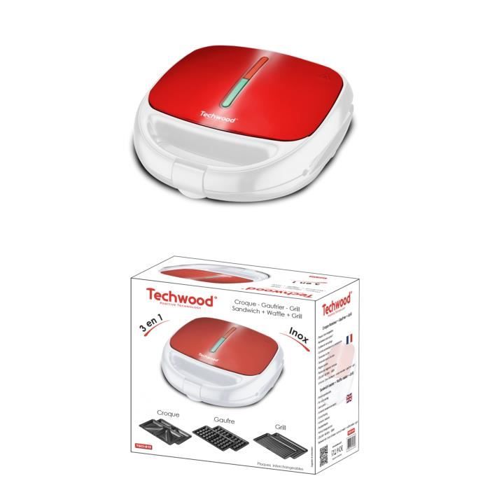 GAUFRIER + CROQUE + GRILL 800W- Décor Rouge Blanc - Plaques interchangeables - Revêtement anti-adhésif- Contrôle Température