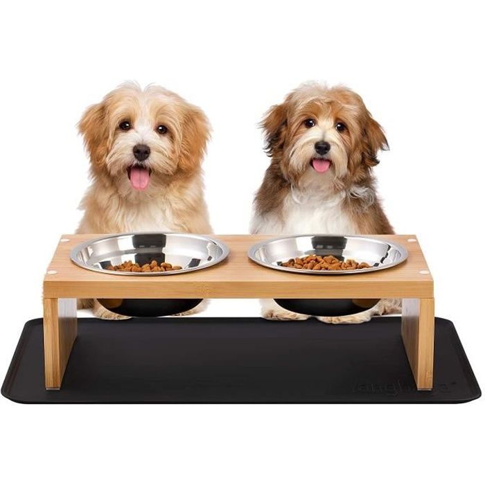 YANGBAGA【37.5X 23 x 11cm】 Support à Gamelle avec 2 Gamelles INOX de Grande Taille,Inclus 1Tapis Antidérapant pour Chien et Chat