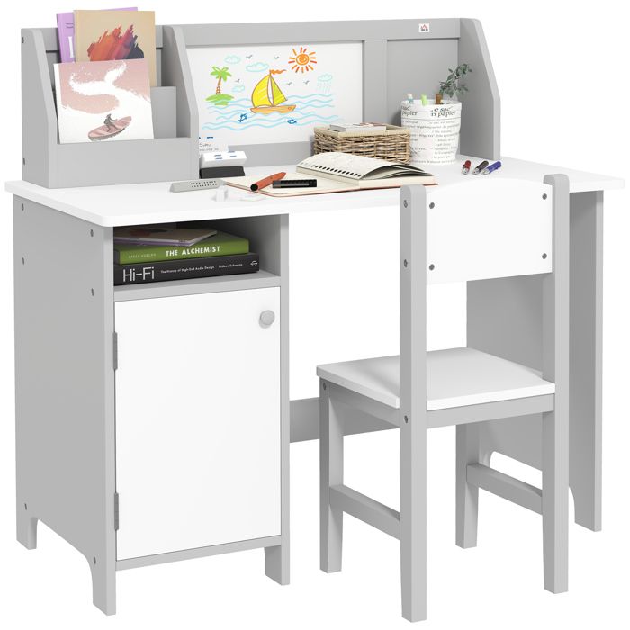 Ensemble table et chaise pour enfant - HOMCOM - avec tableau blanc - bureau pour enfant +5 ans 90L x 45l x 85H cm Gris