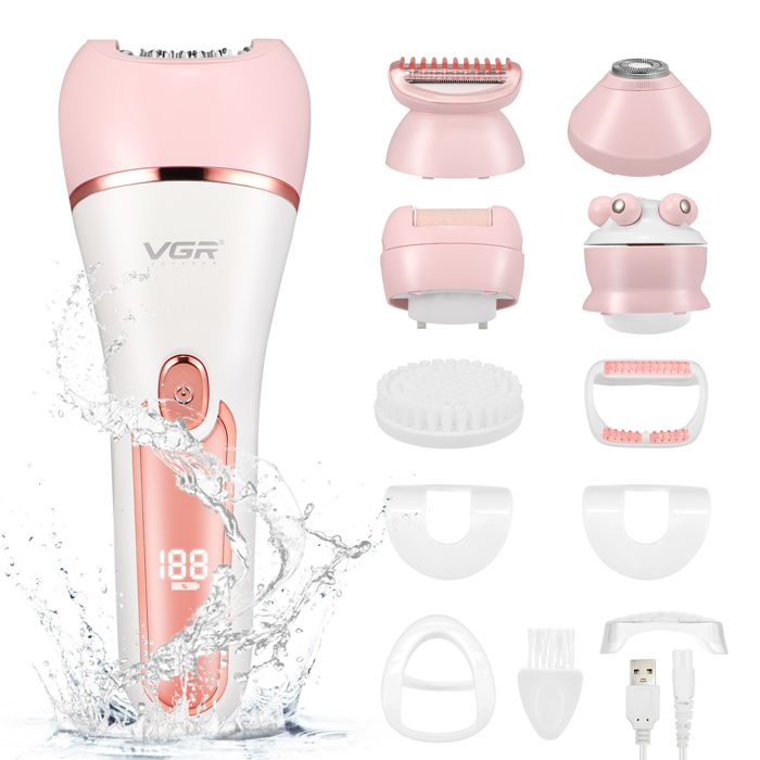 TTLIFE 6 en 1 Rasoir Electrique Femme sans Fil Affichage LED Rechargeable Rasoir Électrique Sec et Humide avec Brosse Exfoliante
