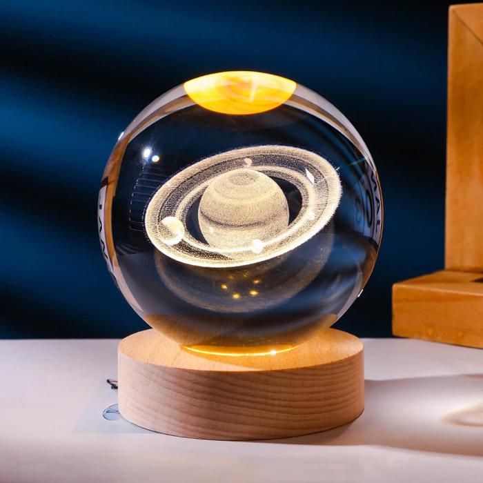 Veilleuses boule de cristal dastronome planétaire plonger voyante de lune 3D lampe à LED USB décor de chambre à coucher-Saturne