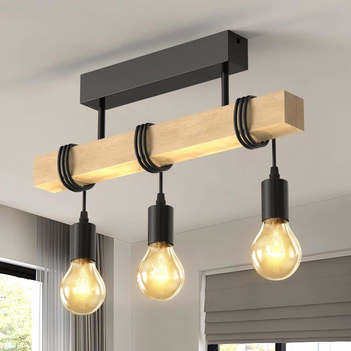 Lustre suspension vintage, 3 lampes en bois et métal, design industriel ...
