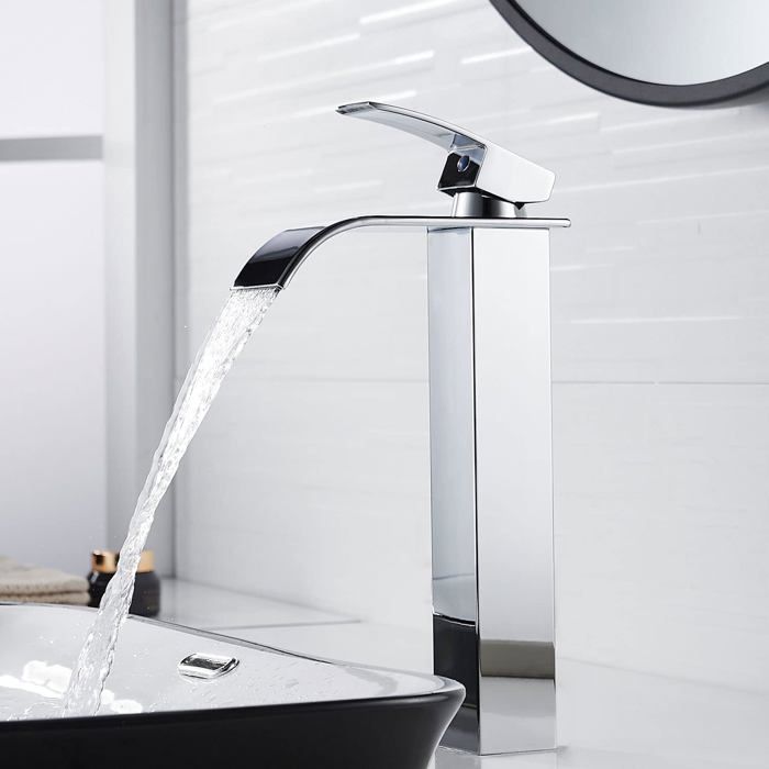 Moderne Robinet Lavabo Cascade Haut Design Elégant Robinet Salle de Bain Haut Mitigeur Monocommande Lavabo en Laiton