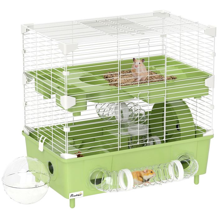 Meilleurs prix pour Cage pour hamster - PawHut -  à 2 niveaux - avec roue de course, système de tuyaux - pour hamster nain - 44,5 x 28 x 44 cm - vert