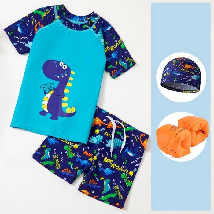 Maillot de Bain Enfant 4 Pièces Imprime Ensemble Natation Avec Bonnet de Bain et Brassards de Natation Pour Garçon et Fille - Bleu