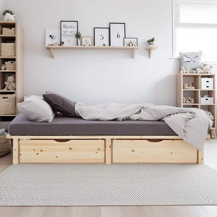 Lit simple - HOMESTYLE4U - HomeStyle4U 3038 - 100x200 cm - 2 tiroirs - Bois palette naturel